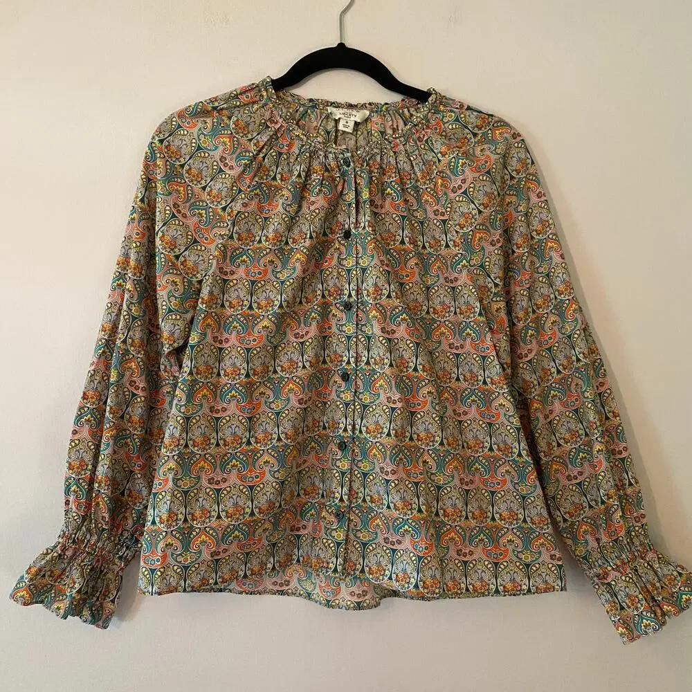 J. Crew Liberty Fabric Blue Pink Paisley Button Down Peasant Blouse Women Small